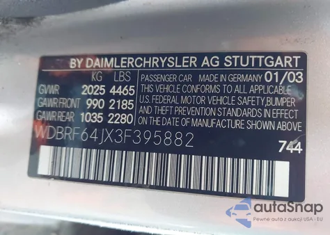 2003 Mercedes-Benz C 320 Sport z USA, uszkodzony, nr VIN WDBRF64JX3F395882